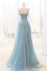Blue V-Neck Tulle Long Prom Dress, A-Line Spaghetti Strap Evening Dress